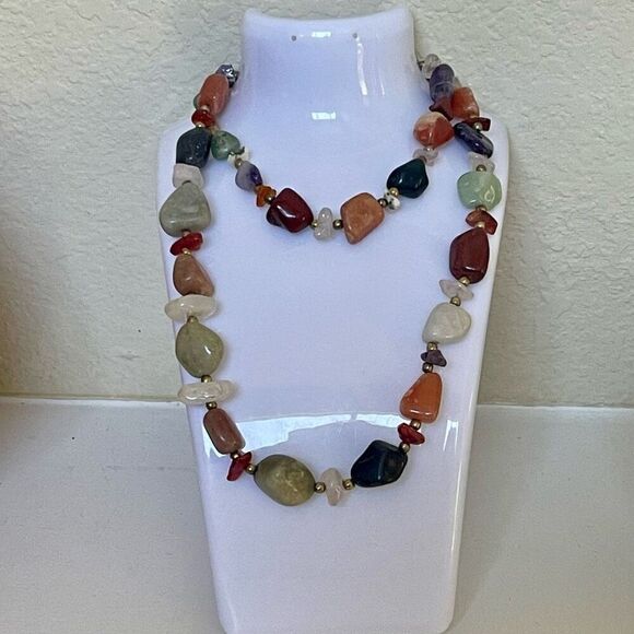 Vintage Multi Natural Gemstone Necklace Womens Artisan Boho Fashion Accessory - Picture 1 of 4